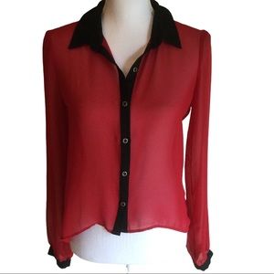 Red Sheer Button Up Blouse With Black Trim.Size Small